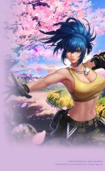 Rule 34 | 1girl, ai-assisted, artist request, belt, blue hair, breasts, camouflage, camouflage pants, cherry blossoms, cherry tree, cleavage, copyright notice, disclaimer, dog tags, earrings, falling petals, floral background, gloves, highres, jewelry, large breasts, leona heidern, midriff, navel, non-web source, official art, official wallpaper, pants, petals, tank top, the king of fighters, the king of fighters all-stars, the king of fighters xv, toned, triangle earrings, yellow tank top