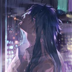 Rule 34 | 1boy, alannoran, blue hair, cigarette, city lights, collared shirt, condensation, eyelashes, from side, glass, hair between eyes, indoors, long hair, looking away, looking up, male focus, mouth hold, night, parted lips, portrait, purple eyes, saint seiya, scorpio milo, shirt, smoke, smoking, solo, water drop, wet, wet clothes, wet hair, wet shirt, window, window fog