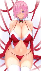 Rule 34 | 1girl, absurdres, arind yudha, bare shoulders, breasts, cleavage, collarbone, fate/grand order, fate (series), hair over one eye, highres, large breasts, light purple hair, looking at viewer, mash kyrielight, navel, purple eyes, short hair, sitting, smile, solo