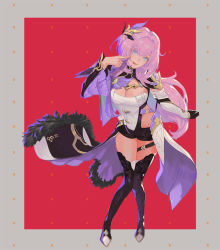 Rule 34 | 1girl, black footwear, black gloves, black shorts, blue eyes, boots, border, breasts, cleavage, closed mouth, elysia (honkai impact), elysia (miss pink elf) (honkai impact), full body, gloves, hair between eyes, hair ornament, honkai (series), honkai impact 3rd, index finger raised, looking at viewer, pointy ears, ponytail, red background, shorts, simple background, single glove, solo, thigh boots, thighhighs, tongue, tongue out, v, xleontan