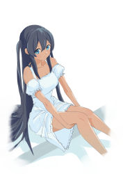 Rule 34 | 1girl, bare shoulders, black hair, blue eyes, breasts, captain earth, closed mouth, commentary request, dark-skinned female, dark skin, dress, highres, hugging own legs, long hair, looking at viewer, makimaki, medium breasts, mutou hana, sitting, smile, solo, very long hair, white dress