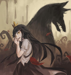 Rule 34 | 1girl, black bow, black hair, black skirt, bow, crown, crying, fangs, hands on own face, highres, liar princess, liar princess (wolf form), long hair, looking at viewer, looking back, petals, phytoster, plant, shadow, shirt, skirt, usotsuki hime to moumoku ouji, vines, white shirt, yellow eyes
