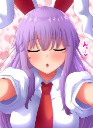 Rule 34 | 1girl, :o, animal ears, blush, breasts, commentary, closed eyes, facing viewer, fusu (a95101221), hair between eyes, incoming kiss, large breasts, necktie, open mouth, puckered lips, rabbit ears, red necktie, reisen udongein inaba, shirt, short sleeves, simple background, solo, speech bubble, touhou, white background, white shirt