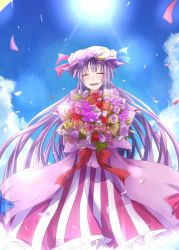 Rule 34 | 1girl, blush, bow, cloud, crescent, dress, closed eyes, female focus, flower, hair bow, hat, long hair, open mouth, outdoors, patchouli knowledge, plant, purple hair, ram hachimin, rose, sky, smile, solo, sun, touhou, very long hair