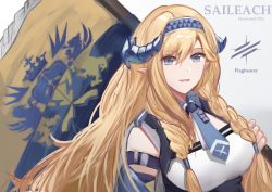 Rule 34 | 1girl, arknights, artist name, bare shoulders, blonde hair, blue eyes, blue hairband, blue necktie, blue sealad, braid, breasts, character name, commentary, flag, grey background, hair between eyes, hairband, highres, horns, kingdom of victora logo, large breasts, long hair, looking at viewer, necktie, parted lips, pointy ears, saileach (arknights), smile, solo, twin braids, upper body, very long hair