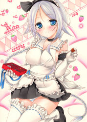 Rule 34 | 1girl, adapted costume, alternate costume, apron, black skirt, blue eyes, blush, box, braid, breasts, chocolate, elbow gloves, enmaided, food, fruit, gloves, highres, kantai collection, large breasts, long hair, maid, maid apron, maid headdress, marker (medium), mole, mole under eye, saya pr, shirt, silver hair, single braid, skirt, sleeveless, sleeveless shirt, smile, solo, strawberry, thighhighs, traditional media, umikaze (kancolle), valentine, very long hair, white thighhighs