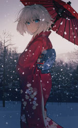 Rule 34 | 1girl, bare tree, blue eyes, commentary request, evening, floral print, forest, furisode, highres, holding, holding umbrella, japanese clothes, kimono, long sleeves, looking at viewer, looking back, nature, obi, oil-paper umbrella, original, outdoors, parted lips, print kimono, red kimono, ryokucha manma, sash, short hair, silver hair, snow, snowing, solo, standing, tree, umbrella, wide sleeves, winter