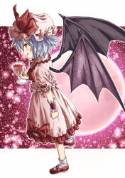 Rule 34 | 1girl, bat wings, black wings, blue hair, blush, closed mouth, cup, dress, drinking glass, frilled sleeves, frills, full body, hat, hat ribbon, highres, holding, holding cup, inuno rakugaki, mob cap, pink dress, pink hat, red eyes, red footwear, red ribbon, remilia scarlet, ribbon, shoes, short hair, short sleeves, smile, socks, solo, tongue, tongue out, touhou, white socks, wine glass, wings