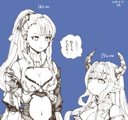 Rule 34 | 10s, 2girls, beatrix (granblue fantasy), blonde hair, breasts, cleavage, draph, granblue fantasy, hair ornament, horns, lineart, long hair, motitoy, multiple girls, navel, pointy ears, ponytail, razia, sketch, trait connection, translated
