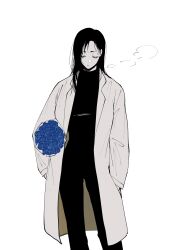 Rule 34 | 1girl, absurdres, blue flower, bouquet, closed eyes, closed mouth, coat, cowboy shot, flower, gyunyu gokugoku, hands in pockets, highres, holding, holding bouquet, ieiri shoko, jujutsu kaisen, long hair, long sleeves, pants, partially colored, shirt, simple background, solo, standing