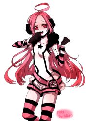 Rule 34 | 1girl, ahoge, gloves, long hair, microphone, pink hair, red eyes, sf-a2 miki, simple background, smile, solo, striped clothes, striped thighhighs, thighhighs, vocaloid, whi, whi (ssb)