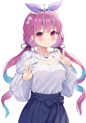 Rule 34 | 1girl, absurdres, ahoge, blue hair, blue skirt, blush, bow, braid, breasts, casual, colored inner hair, flower, hair bow, hair flower, hair ornament, hair ribbon, highres, hokori sakuni, hololive, long hair, long sleeves, looking at viewer, maid headdress, medium breasts, minato aqua, multicolored hair, purple eyes, purple hair, ribbon, shirt, shirt tucked in, simple background, skirt, smile, solo, twintails, two-tone hair, virtual youtuber, w, white background, white shirt