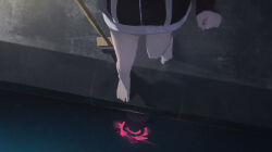 Rule 34 | 1girl, barefoot, black jacket, blue archive, broom, clenched hand, commentary request, from above, halo, head out of frame, highres, holding, holding broom, jacket, koharu (blue archive), long sleeves, nekoreito, night, no pants, outdoors, pink hair, pool, reflection, reflective water, solo, track jacket, water