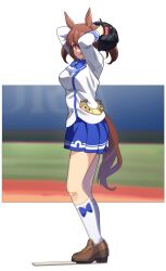 Rule 34 | 1girl, absurdres, animal ears, arms up, bandaid, bandaid on knee, bandaid on leg, baseball glove, blue bow, blue bowtie, blue skirt, bow, bowtie, breasts, brown footwear, brown hair, buttons, closed mouth, double-breasted, full body, highres, hishi akebono (umamusume), horse ears, horse girl, horse tail, jacket, kneehighs, licking lips, loafers, long sleeves, looking at viewer, medium breasts, medium hair, miniskirt, motion blur, nishiki kazue, pleated skirt, red eyes, shoes, skirt, socks, solo, standing, tail, tongue, tongue out, twintails, umamusume, white jacket, white socks