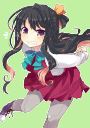 Rule 34 | 10s, 1girl, arms behind back, black hair, boots, bow, bowtie, grin, hair ribbon, heterochromia, interlocked fingers, kantai collection, long hair, looking at viewer, multicolored hair, naganami (kancolle), nagasioo, pantyhose, pink hair, purple eyes, ribbon, school uniform, smile, solo