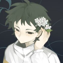 Rule 34 | 1girl, artist request, black background, black eyes, chinese commentary, closed mouth, commentary request, flower, green hair, hair flower, hair ornament, highres, isoi rai, long sleeves, portrait, saibou shinkyoku, second-party source, shirt, short hair, smile, solo, white flower, white shirt