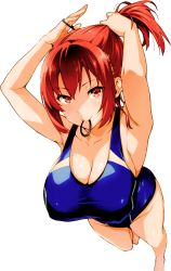 Rule 34 | 1girl, absurdres, adjusting hair, armpits, arms up, barefoot, breasts, cleavage, female focus, foreshortening, hairband, highres, large breasts, looking at viewer, maken-ki!, mouth hold, one-piece swimsuit, ponytail, red eyes, red hair, rokujou minori, scan, smile, solo, swimsuit, takeda hiromitsu, tying hair, walking