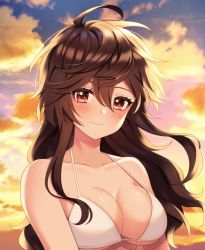 Rule 34 | 1girl, annno ans, bare shoulders, bikini, bikini top only, blush, breasts, brown eyes, brown hair, cleavage, closed eyes, closed mouth, cloud, cloudy sky, collarbone, commentary request, gradient sky, highres, long hair, looking at viewer, medium breasts, original, outdoors, shiny skin, simple background, sky, smile, solo, sunset, swimsuit, upper body, white bikini