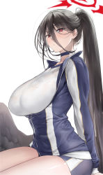 Rule 34 | 1girl, black hair, black wings, blue archive, blue jacket, blue shorts, blush, breasts, choker, collarbone, feathered wings, hair between eyes, halo, hasumi (blue archive), hasumi (track) (blue archive), high ponytail, highres, jacket, large breasts, long hair, long sleeves, looking at viewer, low wings, mole, mole under eye, red eyes, shino (comic penguin club), shirt, short shorts, shorts, sitting, solo, thighs, very long hair, white shirt, wings