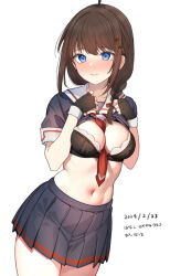 Rule 34 | 1girl, ahoge, black gloves, black shirt, black skirt, blue eyes, blush, braid, breasts, brown hair, closed mouth, clothes lift, commentary request, cowboy shot, dated, embarrassed, fingerless gloves, gloves, hanako (peanut), highres, kantai collection, lifted by self, long hair, looking at viewer, medium breasts, navel, neckerchief, neckerchief between breasts, pleated skirt, red neckerchief, shigure (kancolle), shirt, shirt lift, simple background, single braid, skirt, solo, stomach, white background