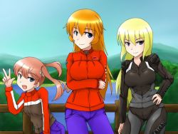 Rule 34 | 3girls, alternate costume, blonde hair, breasts, charlotte e. yeager, cosplay, francie gerard, isosceles triangle (xyzxyzxyz), large breasts, looking at viewer, marian e. carl, md5 mismatch, multiple girls, orange hair, red hair, smile, strike witches, twintails, world witches series