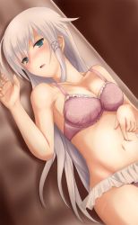 Rule 34 | 1girl, akabane rin, anceril sacred, bad id, bad pixiv id, bare shoulders, blue eyes, blush, bra, breasts, cleavage, collarbone, groin, hair tie, lingerie, long hair, looking at viewer, lying, navel, on back, open mouth, original, panties, silver hair, solo, underwear, underwear only, very long hair