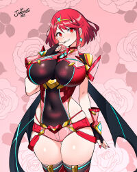 1girl blush bob_cut breasts chest_jewel earrings fingerless_gloves floral_background gloves highres impossible_clothes jarckius jewelry large_breasts micro_shorts pyra_(xenoblade) red_eyes red_hair red_shorts short_hair shorts skindentation solo suspenders suspenders_hanging swept_bangs thighhighs tiara xenoblade_chronicles_(series) xenoblade_chronicles_2