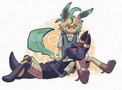 Rule 34 | 2boys, animal ears, animal nose, basil (omori), closed mouth, colored sclera, creatures (company), crossover, dog ears, flower, flower on head, full body, game freak, gen 2 pokemon, gen 4 pokemon, hand in another&#039;s hair, kemonomimi mode, leaameba, leafeon, looking at another, male focus, monsterification, multiple boys, nintendo, no humans, omori, pokemon, pokemon (creature), red eyes, short sleeves, shorts, simple background, smile, sunny (omori), tail, umbreon, yaoi