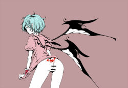 Rule 34 | 1girl, ass, back tattoo, bad id, bad pixiv id, bat wings, blue hair, bottomless, censored, female focus, from behind, heart, horumon, no headwear, no headwear, peptide, pointless censoring, pussy, remilia scarlet, short hair, solo, tattoo, touhou, tramp stamp, wings, wrist cuffs