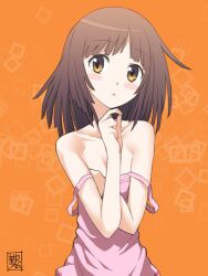 Rule 34 | 1girl, :&lt;, artist name, bakemonogatari, bare shoulders, blunt bangs, blush stickers, breasts, brown eyes, brown hair, camisole, cleavage, closed mouth, collarbone, commentary, double strap slip, hand on own chin, highres, kikumaru bunta, looking afar, looking away, looking up, medium hair, monogatari (series), orange background, pink camisole, sengoku nadeko, signature, small breasts, solo, square, strap slip, thinking, translated, upper body