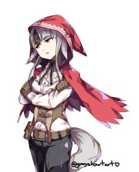 Rule 34 | 1girl, animal ears, belt, black hair, brown gloves, crossed arms, fire emblem, fire emblem fates, gloves, graysheartart, grey hair, hood, hood up, long sleeves, multicolored hair, nintendo, parted lips, red eyes, simple background, solo, streaked hair, tail, twitter username, velouria (fire emblem), white background, wolf ears, wolf tail