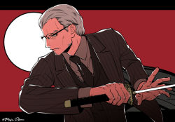 Rule 34 | 1boy, black border, black jacket, black necktie, black vest, border, closed mouth, collar, collared jacket, collared shirt, facial hair, fate/grand order, fate (series), fighting stance, glasses, grey hair, grey shirt, holding, holding sword, holding weapon, jacket, katana, long sleeves, looking to the side, male focus, meiji ken, necktie, serious, shirt, short hair, solo, striped clothes, striped jacket, stubble, sword, upper body, vest, weapon, yagyuu munenori (fate), yellow eyes