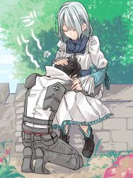 Rule 34 | 1boy, 1girl, boots, clive rosfield, closed eyes, comforting, dress, final fantasy, final fantasy xvi, flower, frilled sleeves, frills, grass, grey hair, hand on another&#039;s head, highres, hug, jewelry, jill warrick, kneeling, lap pillow, long sleeves, nature, necklace, oshibainoticket, outdoors, sitting, smile, tree, white dress