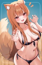 Rule 34 | 1girl, alternate breast size, animal ears, bikini, black bikini, blush, breasts, brown hair, fang, front-tie bikini top, front-tie top, highres, holo, kaptivate, large breasts, long hair, looking at viewer, navel, red eyes, side-tie bikini bottom, smile, solo, spice and wolf, swimsuit, tail, wolf ears, wolf girl, wolf tail
