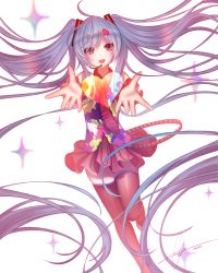Rule 34 | 1girl, ahoge, bad id, bad pixiv id, bare shoulders, belt, black skirt, blue hair, commentary, hair ornament, hatsune miku, heart, highres, kkorichan, long hair, multicolored shirt, open mouth, purple eyes, scrunchie, skirt, smile, sparkle, tell your world (vocaloid), twintails, very long hair, vocaloid, white background, wrist scrunchie