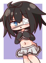 Rule 34 | 1girl, :o, black hair, black shirt, blue eyes, blush, chibi, commentary request, eyepatch, feet out of frame, grey sailor collar, grey skirt, groin, hair between eyes, hana kazari, highres, long sleeves, looking at viewer, medical eyepatch, navel, open clothes, open skirt, original, parted lips, pleated skirt, purple background, sailor collar, school uniform, serafuku, shirt, skirt, sleeves past fingers, sleeves past wrists, solo, two-tone background, white background