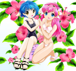 Rule 34 | 00s, 2girls, animal ears, bikini, black one-piece swimsuit, blue eyes, blue hair, breasts, broccoli (company), flower, galaxy angel, hibiscus, interlocked fingers, long hair, looking at viewer, milfeulle sakuraba, mint blancmanche, multiple girls, namamo nanase, normad, one-piece swimsuit, open mouth, pink hair, sandals, school swimsuit, short hair, small breasts, smile, swimsuit, yellow eyes