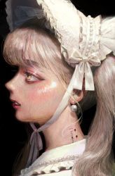 Rule 34 | 1girl, absurdres, black background, blush, bonnet, commentary request, earrings, grey hair, hatena (nazequestion), highres, jewelry, long hair, neck tattoo, original, parted lips, portrait, profile, simple background, solo, tattoo, white headwear, yellow eyes
