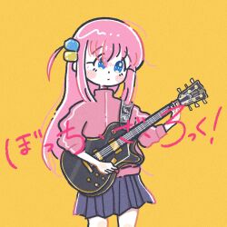 Rule 34 | 1girl, blue eyes, bocchi the rock!, closed mouth, copyright name, cube hair ornament, electric guitar, gibson les paul, gotoh hitori, grey skirt, guitar, hair between eyes, hair ornament, highres, holding, holding instrument, instrument, jacket, long hair, long sleeves, momoyo tounyu, one side up, pink hair, pink jacket, pleated skirt, school uniform, skirt, solo, standing, track jacket, yellow background
