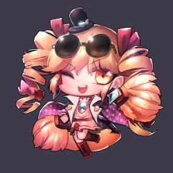 Rule 34 | 1girl, bad id, bad pixiv id, black hat, blonde hair, boots, bow, brown footwear, chibi, dress, drill hair, earrings, eyewear on head, full body, hair bow, hat, jacket, jewelry, looking at viewer, mini hat, mo ne, multiple hair bows, necklace, one eye closed, open mouth, pink jacket, red bow, short dress, simple background, smile, solo, sunglasses, top hat, touhou, twin drills, yellow eyes, yorigami jo&#039;on