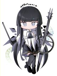 Rule 34 | 1girl, absurdres, arknights, ascot, black ascot, black eyes, black footwear, black garter straps, black gloves, black hair, black halo, black shirt, black skirt, black thighhighs, black wings, blunt bangs, bow (music), bright pupils, broken halo, cello, chest strap, chibi, closed mouth, collared jacket, dark halo, detached wings, dress shirt, energy wings, full body, garter straps, glint, gloves, halo, heel up, high heels, highres, hime cut, holding, holding bow (music), holding instrument, holding violin, instrument, invisible floor, jacket, layered sleeves, leg up, light blush, long hair, long sleeves, looking at viewer, miniskirt, musical note, pale skin, shirt, short over long sleeves, short-sleeved jacket, short sleeves, sidelocks, simple background, skirt, smile, solo, spam (spamham4506), staff (music), standing, standing on one leg, straight hair, strappy heels, thighhighs, very long hair, violin, virtuosa (arknights), white background, white jacket, white pupils, wide sleeves, wing collar, wings, zettai ryouiki