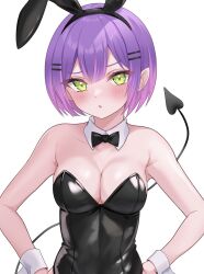 Rule 34 | 1girl, animal ears, black bow, black bowtie, black leotard, blush, bow, bowtie, breasts, cleavage, demon tail, detached collar, ear piercing, fake animal ears, fawny, gradient hair, green eyes, hair ornament, hairpin, highres, hololive, leotard, looking at viewer, medium breasts, multicolored hair, open mouth, piercing, pink hair, playboy bunny, purple hair, rabbit ears, short hair, solo, strapless, strapless leotard, streaked hair, tail, tokoyami towa, virtual youtuber, white background, wrist cuffs