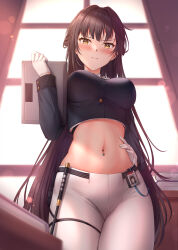 Rule 34 | 1girl, ascot, black hair, black jacket, blush, book, breasts, brown eyes, closed mouth, commentary, cowboy shot, crop top, cropped jacket, desk, dusk, epaulettes, frown, gloves, goddess of victory: nikke, half updo, hand on own hip, hand up, highres, holding, holding tablet pc, id card, indoors, jacket, large breasts, lens flare, light particles, long hair, looking at viewer, marciana (nikke), midriff, military jacket, military uniform, muwa12, navel, navel piercing, pants, piercing, riding crop, sidelocks, solo, standing, tablet pc, taut jacket, thigh strap, tight clothes, tight pants, uniform, very long hair, white ascot, white gloves, white pants, window
