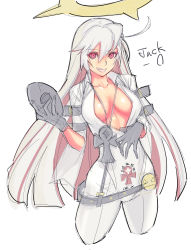Rule 34 | 1girl, ahoge, ankh, arm strap, belt, belt skirt, black gloves, bodysuit, breasts, breasts apart, center opening, character name, cleavage, colored eyelashes, spiked halo, cropped legs, cross, cross necklace, female focus, gloves, grey gloves, grin, guilty gear, guilty gear xrd, hair between eyes, halo, highres, holding, jack-o&#039; valentine, jewelry, large breasts, long hair, looking at viewer, mask, unworn mask, multicolored hair, necklace, no bra, pink eyes, purple hair, red eyes, red hair, runes, sideboob, simple background, sketch, smile, smiley face, solo, tetsu (kimuchi), two-tone hair, very long hair, white background, white hair