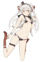 Rule 34 | 10s, 1girl, alternate costume, amatsukaze (kancolle), bad id, bad twitter id, bare shoulders, bikini, black bikini, black hat, black ribbon, boots, bracelet, breasts, buttons, hair ornament, hairband, hat, jewelry, jumping, kantai collection, knee boots, long hair, mini hat, ningen (ningen96), open clothes, open shirt, red footwear, ribbon, shirt, side-tie bikini bottom, silver hair, simple background, sleeveless, sleeveless shirt, small breasts, solo, swimsuit, twintails, two side up, unbuttoned, unbuttoned shirt, very long hair, white background, white shirt, yellow eyes