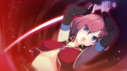 Rule 34 | 1girl, arms up, belt, blue eyes, blush, breasts, clothing cutout, crop top, elbow gloves, female focus, fighting stance, fingerless gloves, game cg, gloves, holding, holding sword, holding weapon, kizuna kirameku koi iroha, large breasts, looking at viewer, navel, nironiro, nose blush, open mouth, original, pero, red hair, sengoku aoi, short hair, simple background, solo, sword, underboob, underboob cutout, upper body, weapon