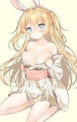Rule 34 | 1girl, animal ears, bad id, bad pixiv id, bare legs, bare shoulders, beige background, blonde hair, blue eyes, blush, breasts, cleavage, collarbone, floral print, heart, heart-shaped pupils, japanese clothes, kimono, kurut, long hair, looking at viewer, medium breasts, obi, off shoulder, original, parted lips, rabbit ears, sash, seiza, simple background, sitting, solo, sweat, symbol-shaped pupils, two side up, very long hair, white kimono, yukata