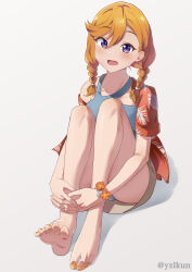 Rule 34 | 1girl, absurdres, barefoot, blush, braid, feet, highres, long hair, looking at viewer, love live!, love live! superstar!!, open mouth, orange hair, purple eyes, shibuya kanon, soles, toes, yzlkun