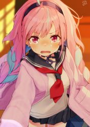 Rule 34 | 1girl, ahoge, black skirt, blue hair, blush, braid, cardigan, commentary request, crying, crying with eyes open, hairband, highres, hololive, long hair, long sleeves, looking at viewer, low twin braids, minato aqua, multicolored hair, neck ribbon, neckerchief, nejime, nose blush, open cardigan, open clothes, open mouth, pink eyes, pink hair, ribbon, sailor collar, school uniform, serafuku, skirt, solo, tears, twin braids, two-tone hair, virtual youtuber