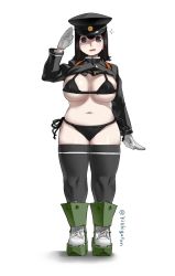 Rule 34 | &gt;:d, 10s, 1girl, :d, akitsu maru (kancolle), bad id, bad twitter id, bikini, bikini under clothes, black bikini, black eyes, black hair, black thighhighs, breasts, cleavage, clothes lift, covered erect nipples, curvy, female focus, full body, gloves, hat, hishigata, kantai collection, knees, large breasts, long hair, long sleeves, military, military uniform, navel, open mouth, pale skin, peaked cap, plump, salute, shirt lift, shoes, side-tie bikini bottom, simple background, smile, sneakers, solo, sparkle, standing, swimsuit, swimsuit under clothes, thick thighs, thighhighs, thighs, twitter username, underboob, uniform, v-shaped eyebrows, white background, white gloves, wide hips